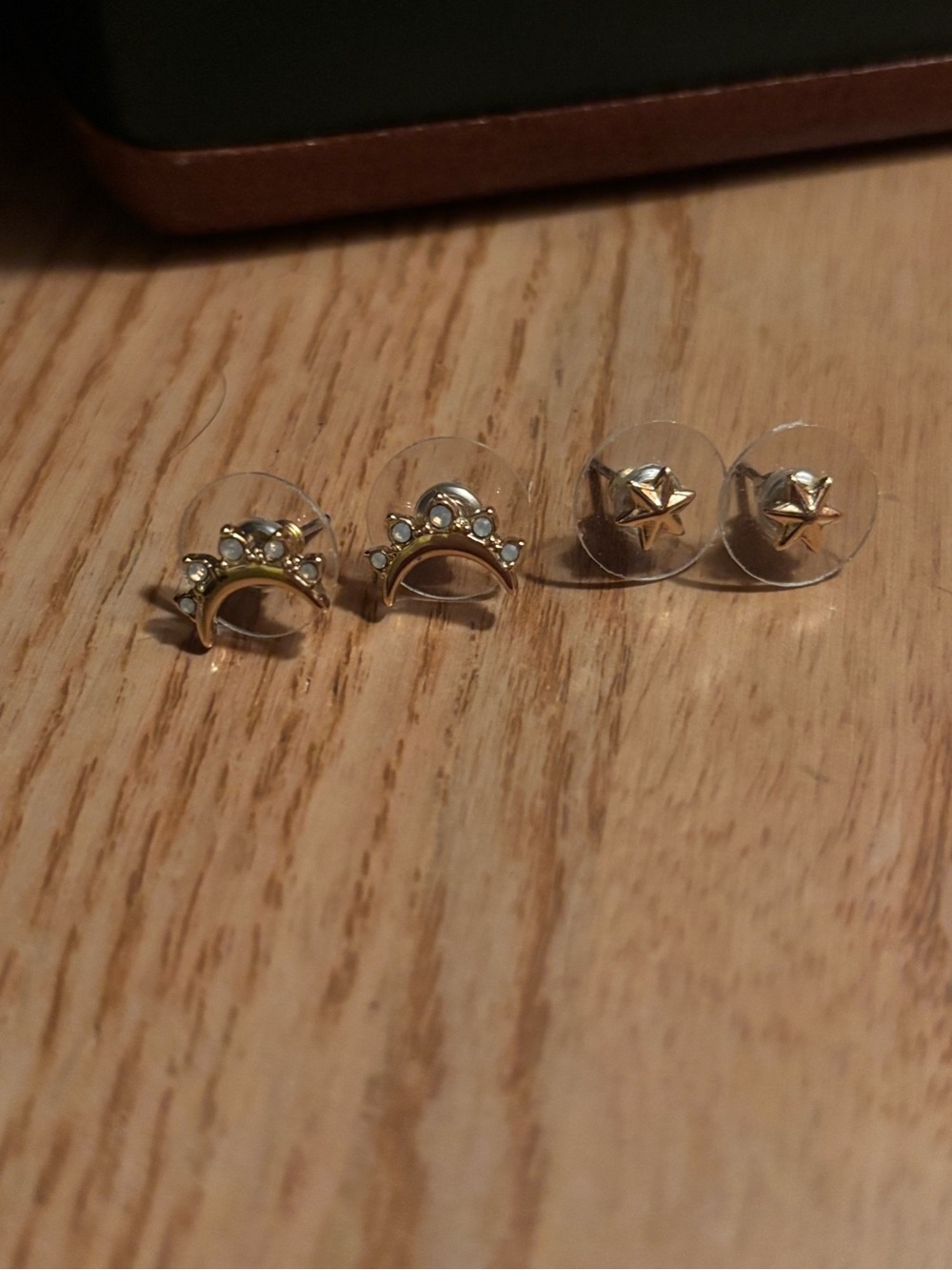 Gold Tone Crescent Moon and Star Stud Earring Set